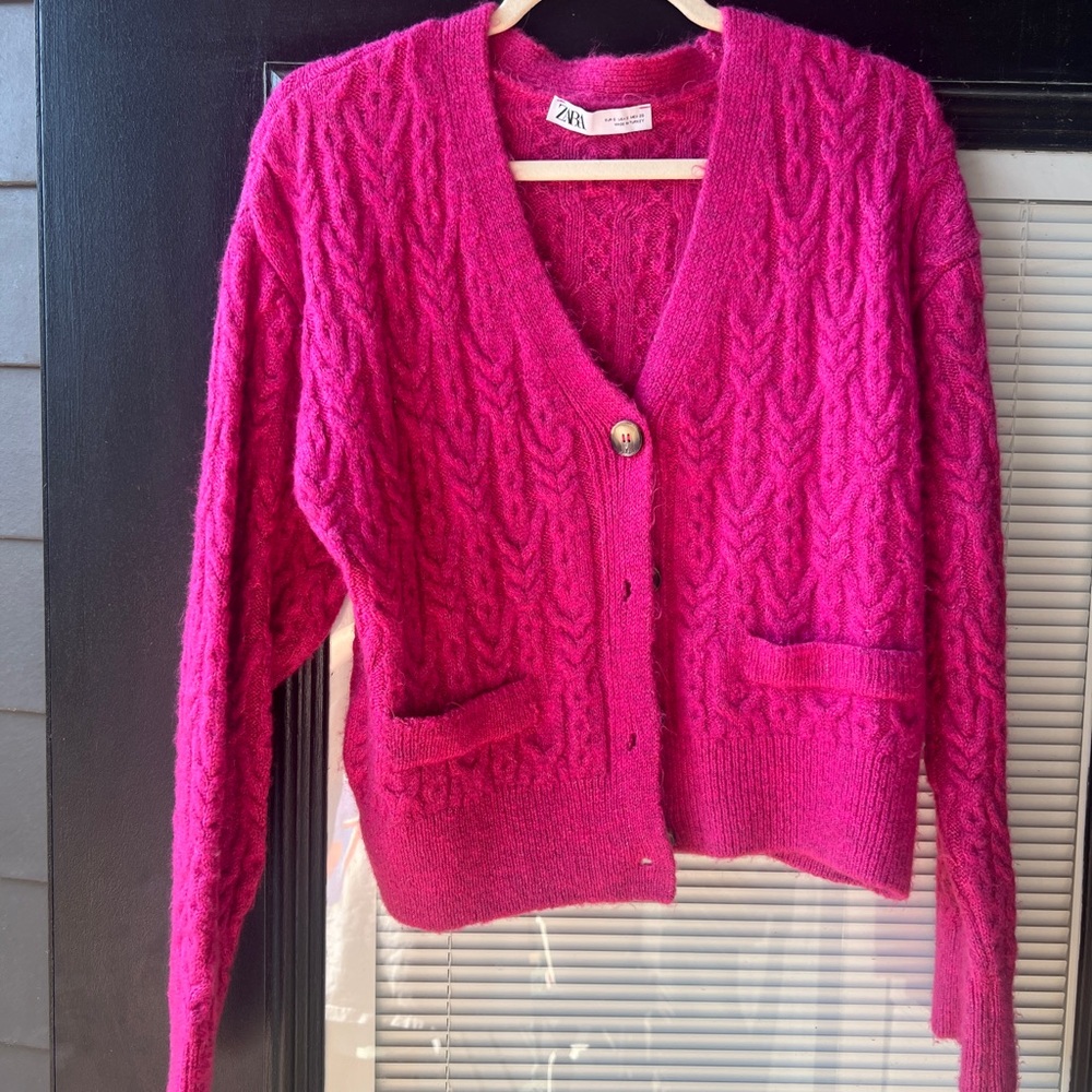 Zara Pink Cable Knit Cardigan Sweater